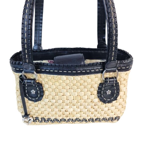 Brighton Handbags - Brighton Straw Raffia Woven Handbag Black Ruffle Double Strap Tote Shopper Purse